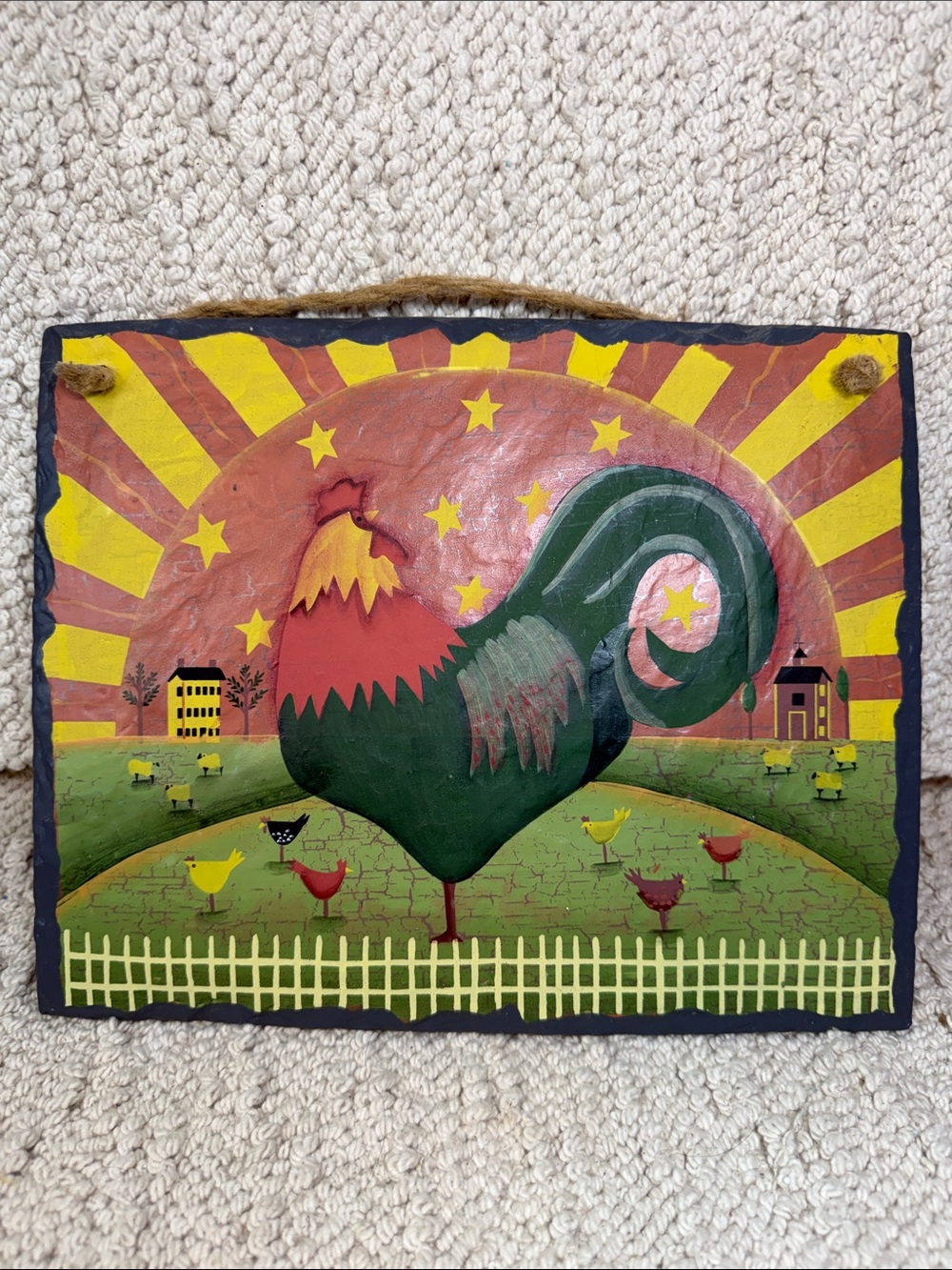 Hand-Painted Green Rooster Wall Art - Rustic Home Decor 8x10